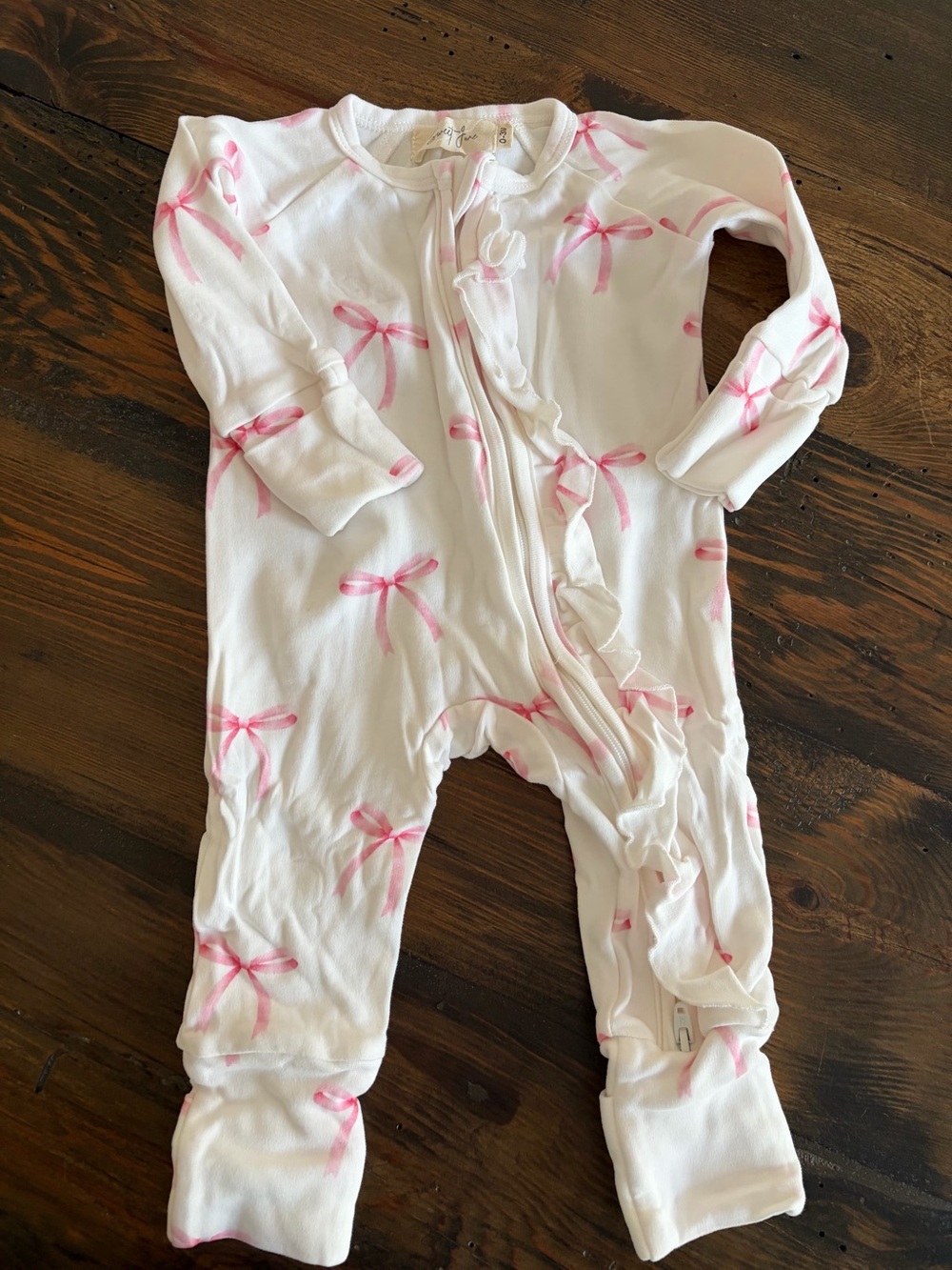 White Baby Footie with Pink Bow Print - Soft Zip One-Piece